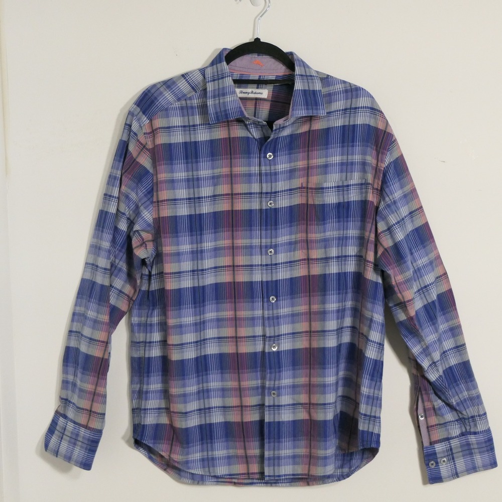 Tommy Bahama Men Shirt M‎ Blue Orange Plaid ButtonUp Silk Blend Coastal Hamptons